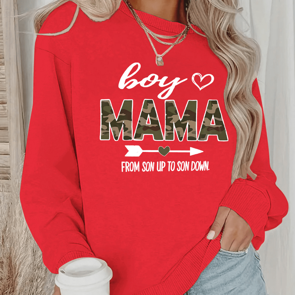 

Boy Mama Print Sweatshirt, Casual Crew Neck Long Sleeve Sweatshirt For Fall & Winter, Women's Clothing