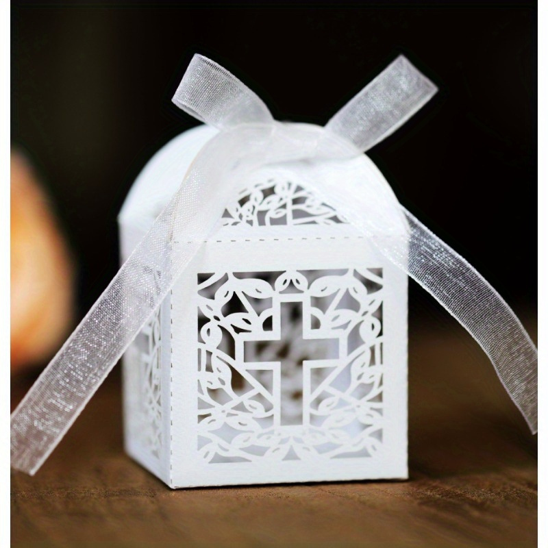 10pcs Elegant Lace Cross Candy Boxes With Ribbon, 3.15'' - Ideal For Easter, Weddings, Baptisms, Communions & Christenings - Sophisticated Gift Packaging, Gift Boxes
