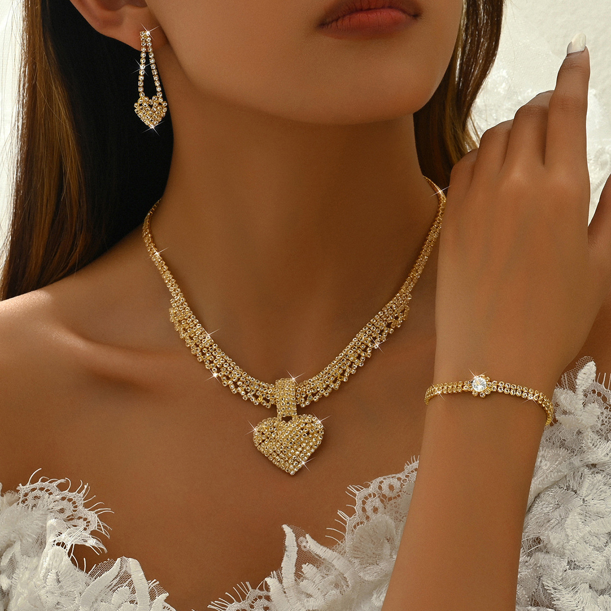 

3pcs New Accessories Silvery Necklace Earrings Jewelry Set Lady Wedding Party Valentine's Day Gift