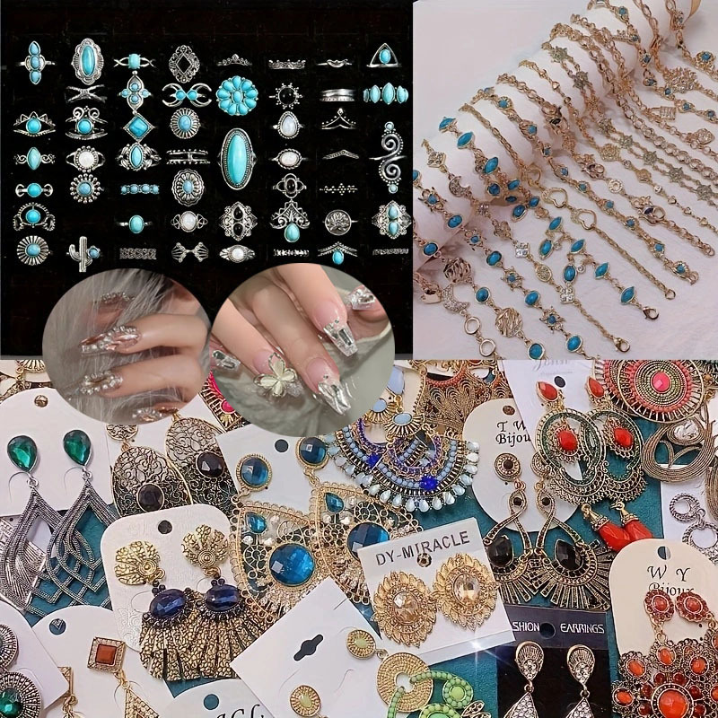 

108pcs Bohemian Jewelry Set Rings + Earrings + Bracelet + Fake Nai Art Vacation Turquoise Ring Geometric Tassel Drop Dangle Shining For Daily Outfits Party Gift