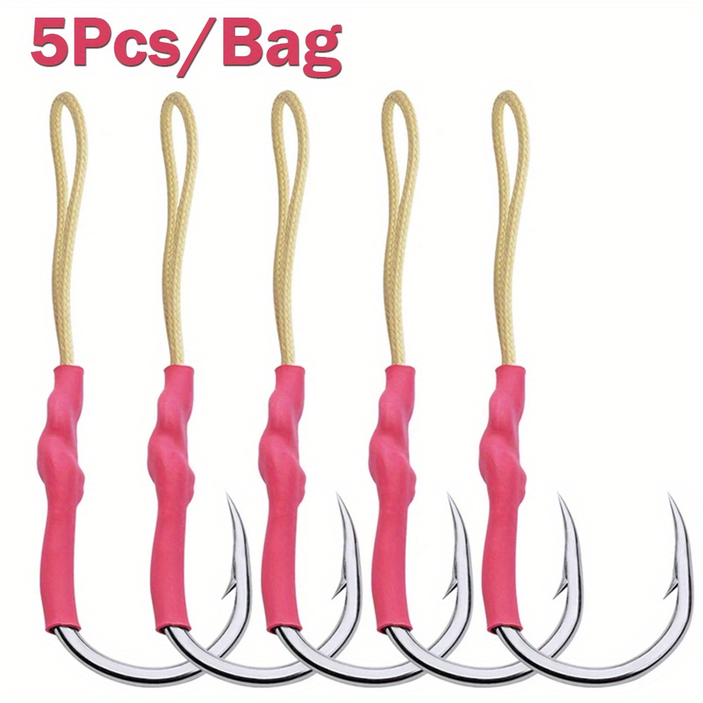 

Stainless Steel Fishing Hooks 5pcs - Saltwater Jig Assist Hook With Pe Line, Solid Ring, Barbed, High Corrosion Resistance - For Jigging Spoons, Metal Lures