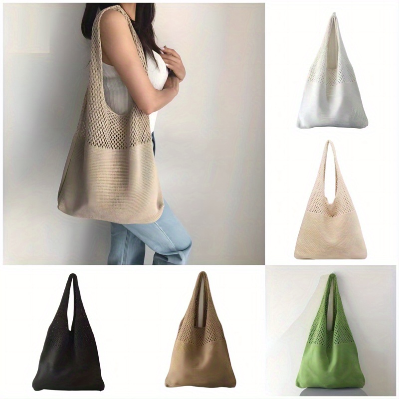 

Retro Charm, Chic Vintage-inspired Knit Tote Bag For Women - Spacious & Stylish, Use - In Khaki, Coffee, Light Blue, White, Cream, Green, Black