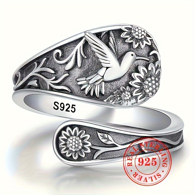 TEMU S925 Silver Vintage Floral And Bird Pattern Ring, Stylish Bohemian Style Adjustable Opening Strap, Men And Women Rings, Party Holiday Daily Casual Wear Jewelry,