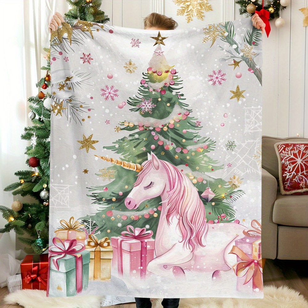 

Cozy Christmas Unicorn Blanket - Soft, Warm Flannel Throw With Vintage Watercolor Design & Golden Accents, , Camping, Travel & Home Decor