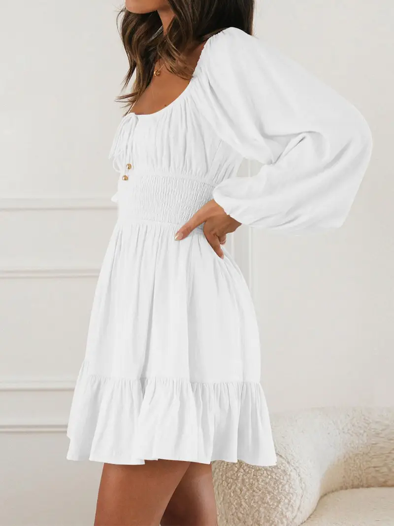 long sleeve ruched a-line mini dress in white Stellaria Ruched Long Sleeve Mini Dress | White | Womens