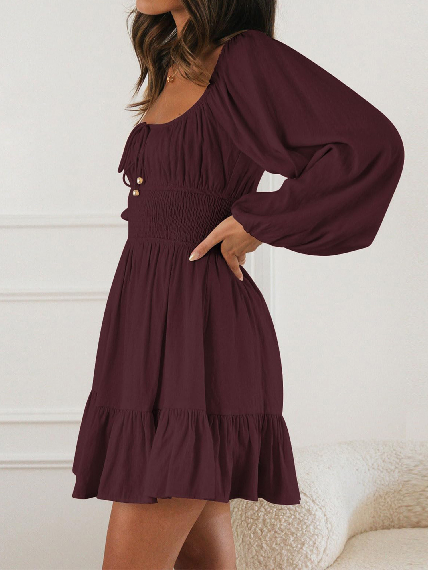 long sleeve burgundy dress short Jessica Angel 2344 Short Ruffle Velvet Cocktail Dress
