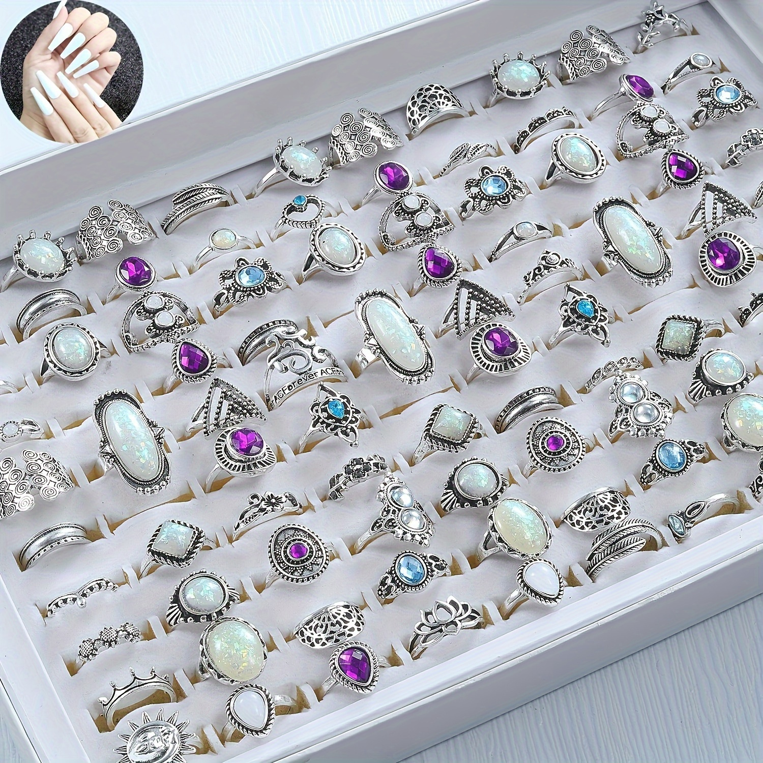 

30pcs/ Set Boho Vintage Ring Set + 24pcs Nail Tips Set With Large Rhinestone For Dailyand Formal Wear