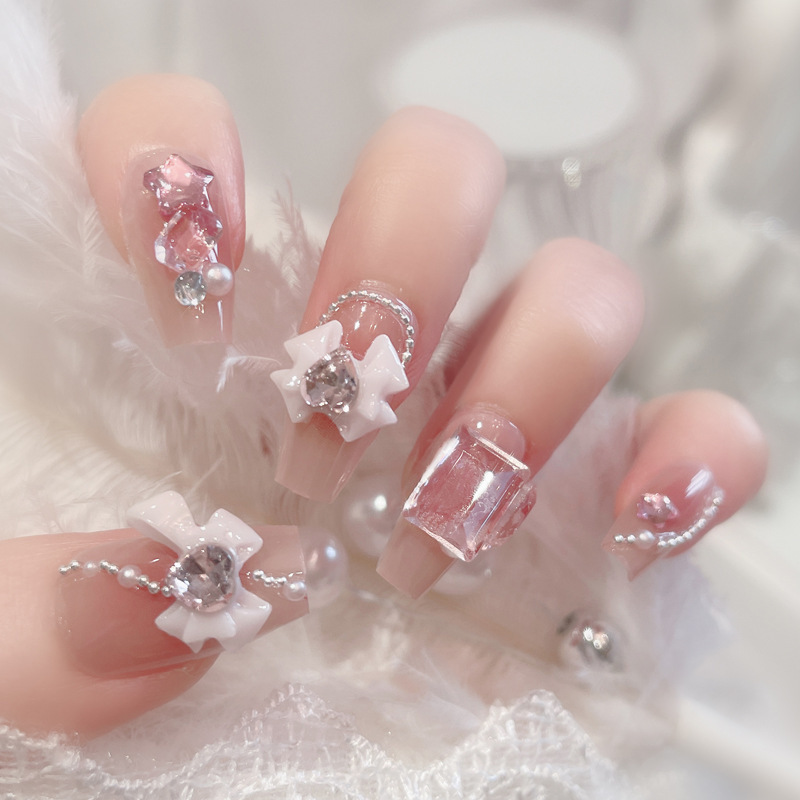 TEMU Elegant Handmade Pink Bow And Gemstone Nail Art Patches - Medium Square Shape With Sparkling Rhinestones, Pearls, And Crystal Flowers For Sophisticated Nail Design