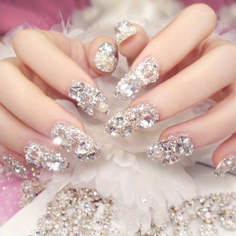 

French Cool Nail Nail Flash Wear Nail White Rhinestone Sparkle Bow Nail Removable Patch