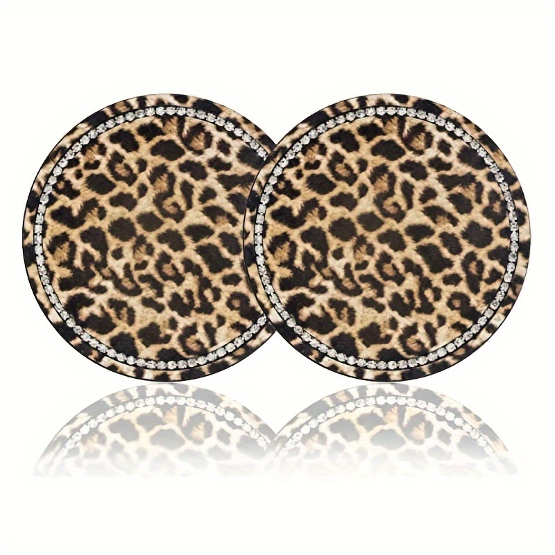 

2pcs 2.75" Leopard Print & Bling Car Cup Holder Coasters - Anti-slip, , Easy To Clean, Adds To Your Vehicle Interior