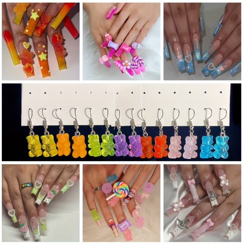 

72pcs Long Nails + 3 Pairs 3d Bear Earrings- 3d Bear Coffin Nude -on With 3d Bear Rabbit Design -fashion-, & Cute False Nails Forwomen & Girls -sweet Accessory For Any