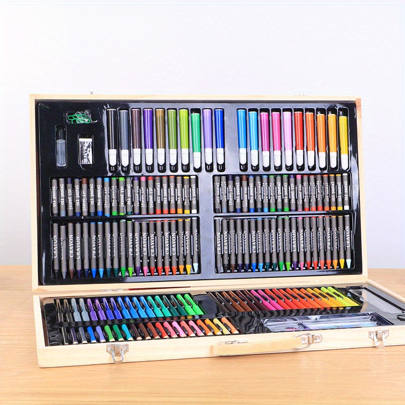 

180pcs Set With Wooden Box - Watercolor Brushes, Crayons & Diy Painting Pens - Perfect Back To School Gift For Creative