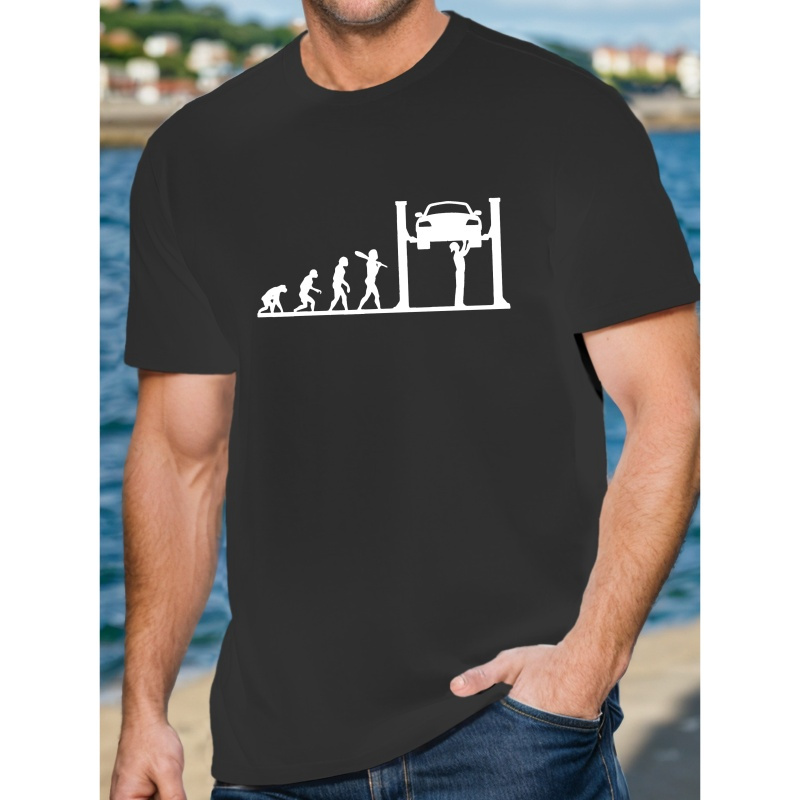 

T-Shirt Décontracté pour Homme à Col Rond, Tissu en 100% Polyester, Imprimé Évolution Géométrique de la Mécanique Automobile, Haut à Manches Courtes d'Été, Coupe Régulière - 150g/m²