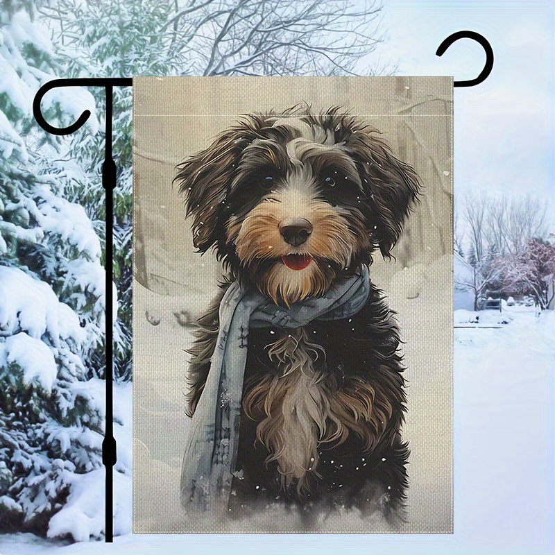 

Tri-color Brown, Black, And White Aussiedoodle Garden Flag With Winter Scarf - Fits Most Garden Flag Stands - Double-sided - 12x18in - Weather-resistant - No Flagpole Included