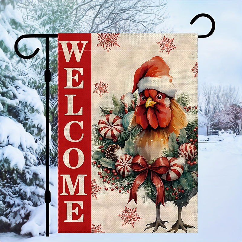 

Festive Christmas Chicken Garden Flag - Double Sided, 12x18in, Resistant To Weathering - Perfect For Home Decor And Holiday Season