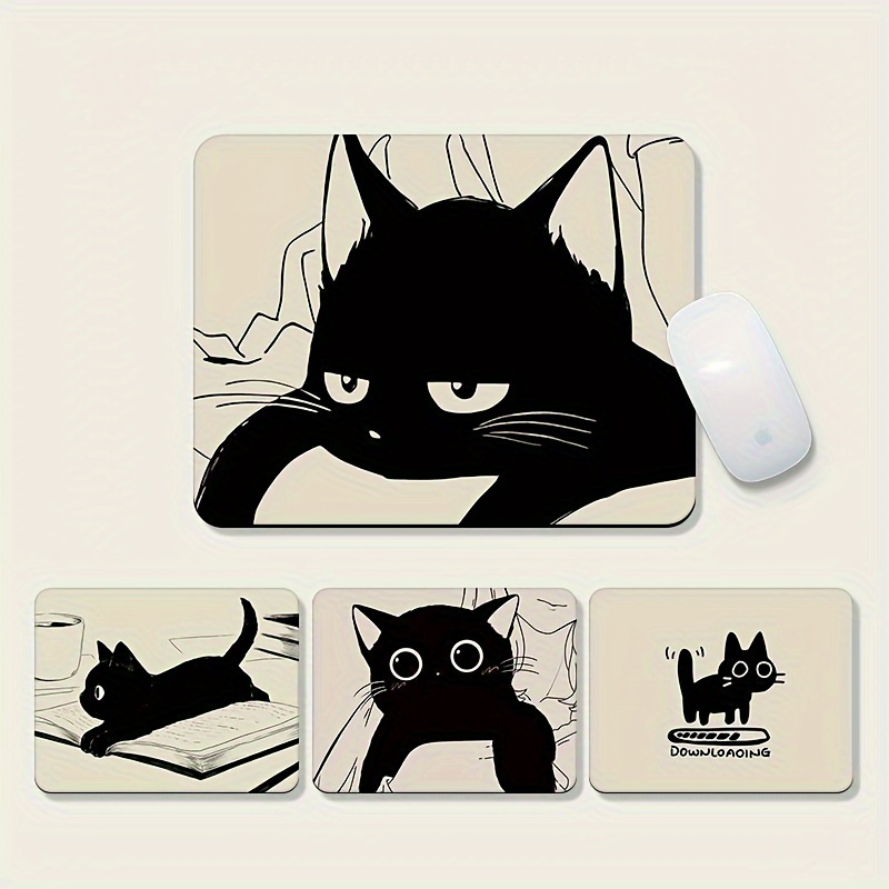 

Black Cat Illustration Mouse Pad Set - Diatom Mud Construction, Waterproof & Washable, Non-slip Desk Pad With Silicone Base - Cute Feline Design Multipack