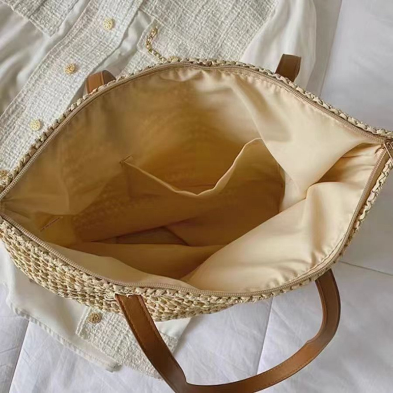 E-shop Lässige Strandtasche aus geflochtenem Stroh im französischen Stil, große, von Wald inspirierte gewebte Tragetasche, einhändig tragbare