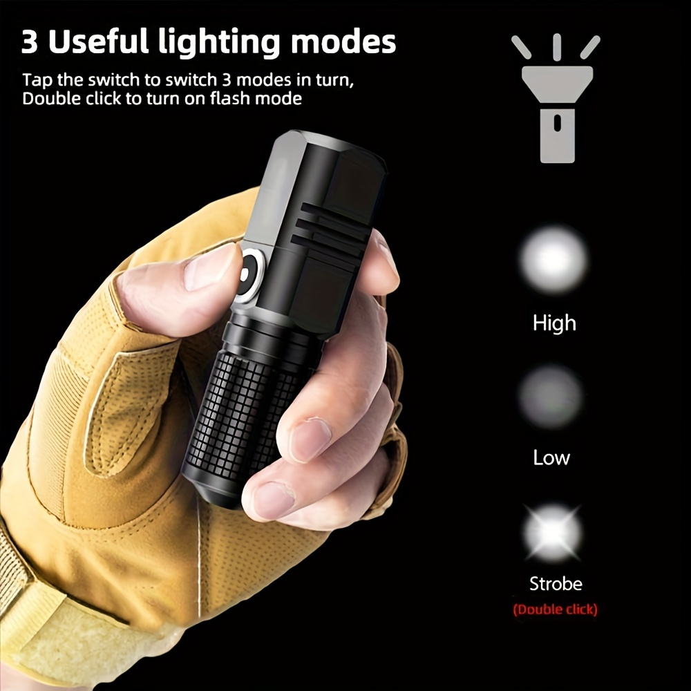 

Compact Usb-c Rechargeable Led Handheld Flashlight, 1000 Lumen Max, 3 Lighting Modes, High-capacity 1100mah, 200-500m Adjustable Beam, Abs Material, Dual Power & Strobe Feature, Includes Usb Cable