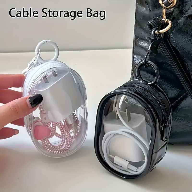 1pc Clear Plastic Charger and Cord Organizer Mini Bag, Portable Earbud and Cable Storage Case, Protective Travel Pouch with Keychain for Accessories
