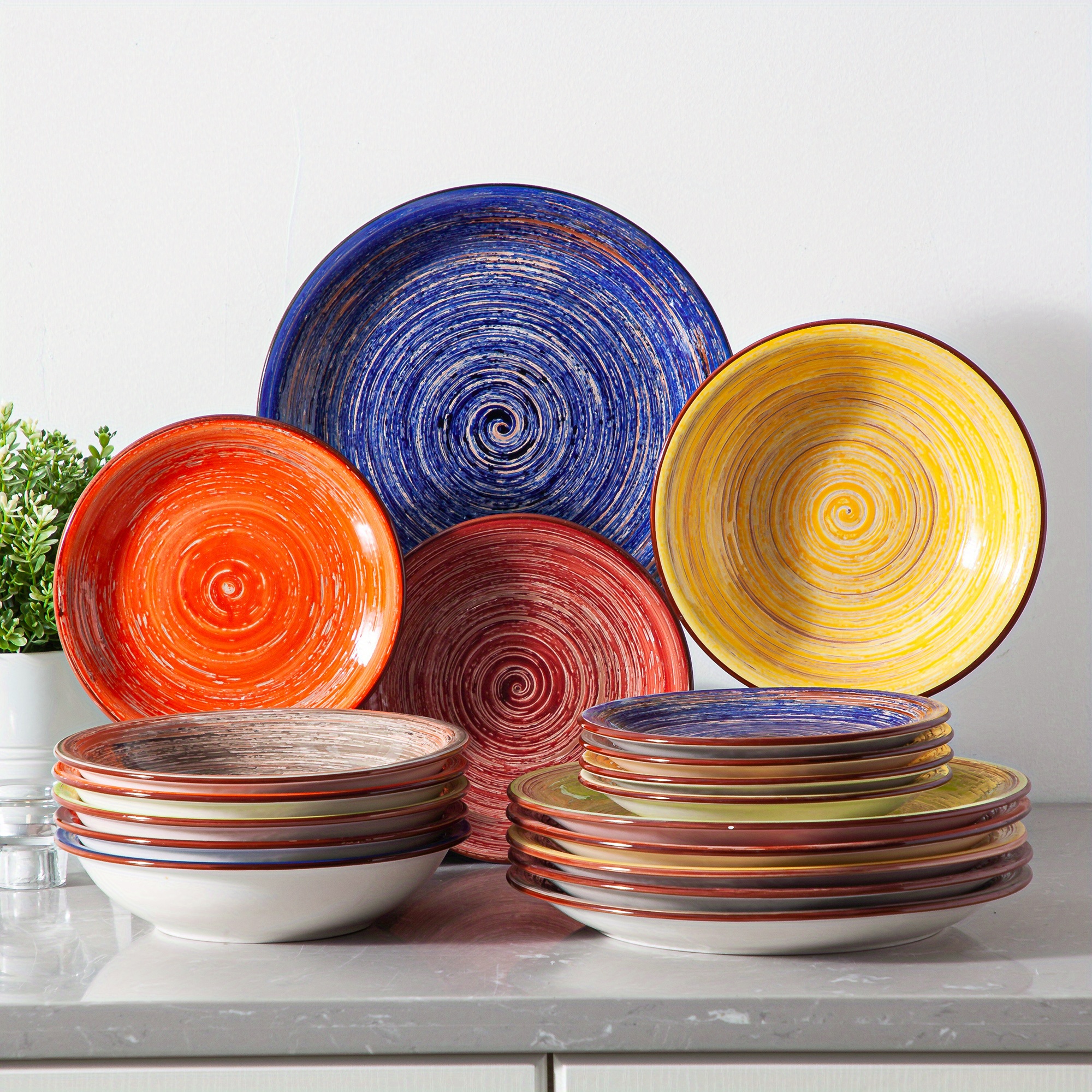 E-shop 18-teiliges Handbemaltes Rustikales Chic-Stil Mehrfarbiges Steingutgeschirr-Set, mit Speiseteller, Dessertteller und Suppenschüssel, Service für