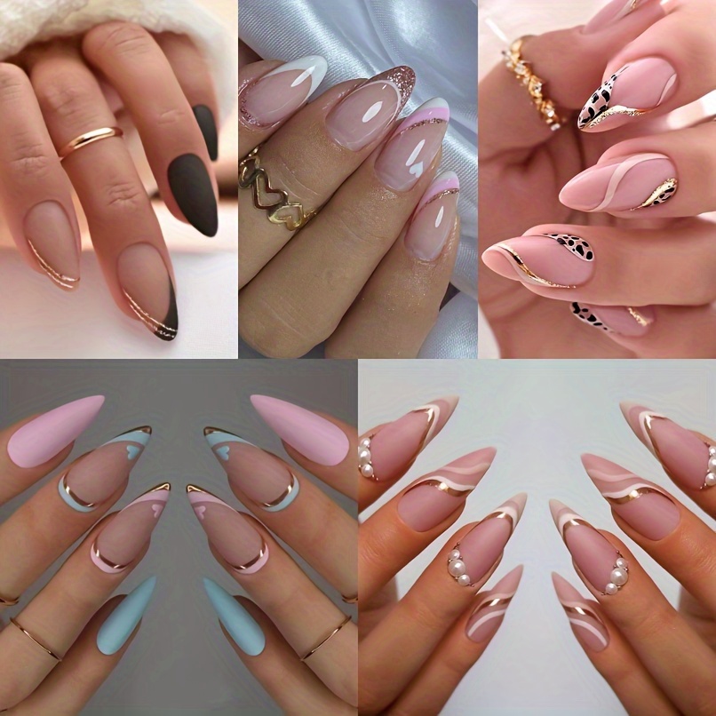 TEMU 120pcs Almond Press On Nails + 26pcs Rings Black Golden Line False Nails Medium Almond Shaped Full Cover Stick On Nail Artificial Glossy Acrylic Fake Nails Diy Manicure Decoration For Women