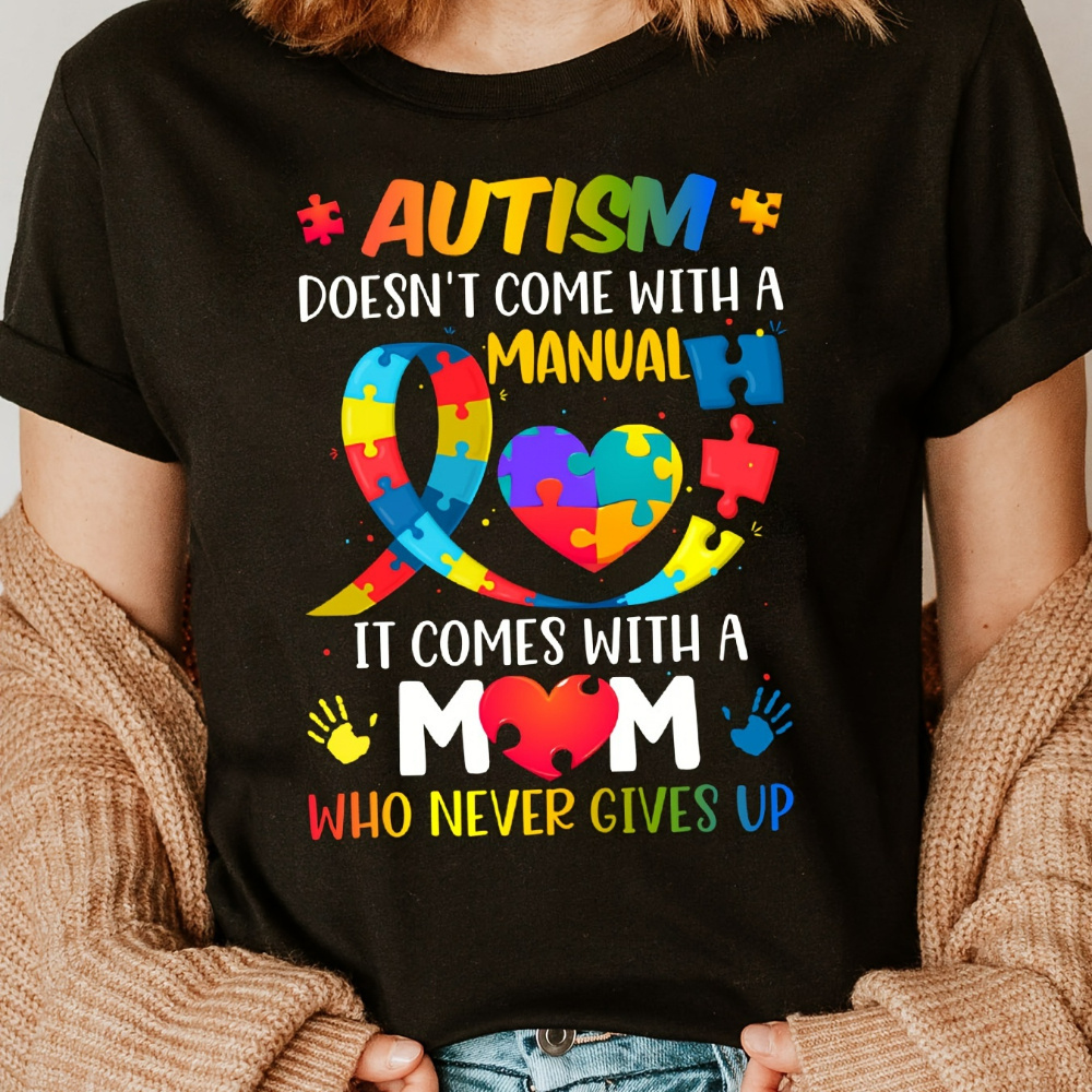 

Autism Mom Printed Crew Neck T-shirt, Spring& Summer Casual Short-sleeved Top, Women's Clothing