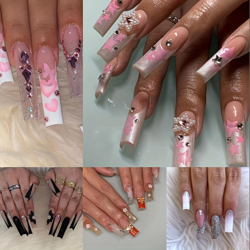 

120pcs Long Press On Nails Coffin Fake Nails + 3pcs Rings White Orange French Tip Glue On Nails Press Ons With Acrylic Nails Y2k 24pcs Rhinestones False Nails