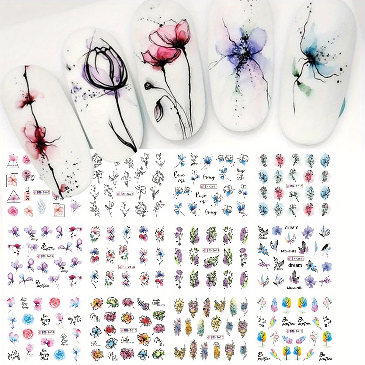 12 Designs Watercolor Flower Nail Sticker Flower Leaf Diy Elegant Nail Art Decal Watermark Sliders For Women Diy Nail Supplies Manicure Supplies 1 Sheet