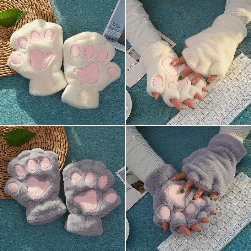 Trendy, Cozy Cartoon Cat Paw Gloves, Thick Plush Half-Finger Design for Warmth & Style, Perfect for Parties details 1