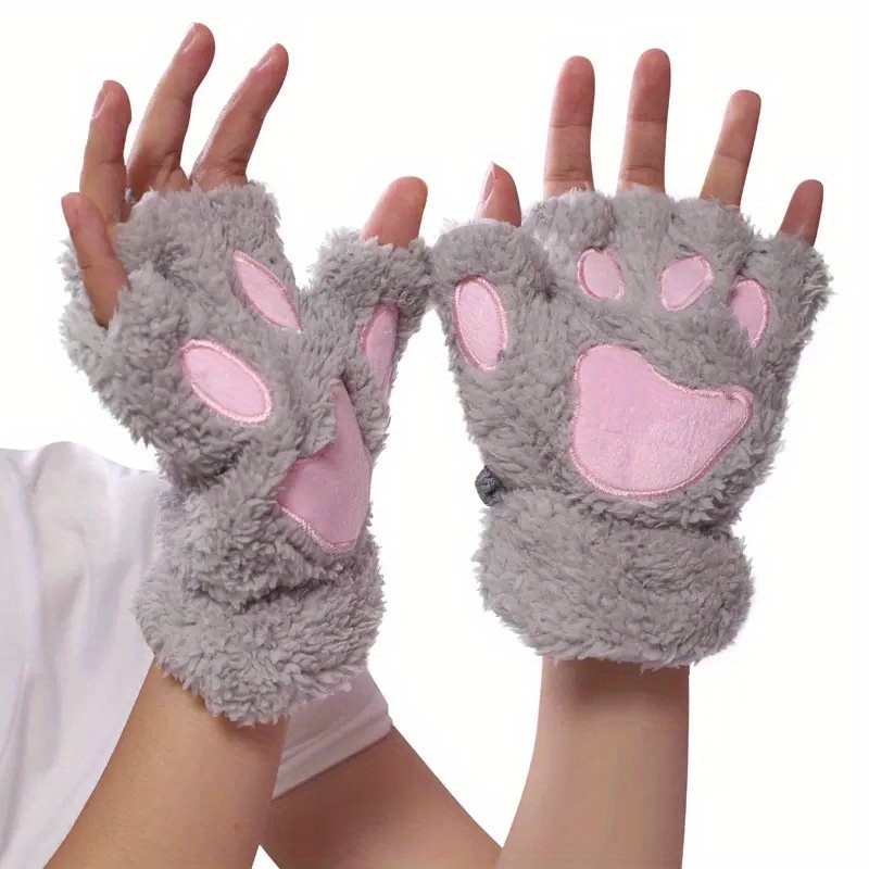 Trendy, Cozy Cartoon Cat Paw Gloves, Thick Plush Half-Finger Design for Warmth & Style, Perfect for Parties details 12