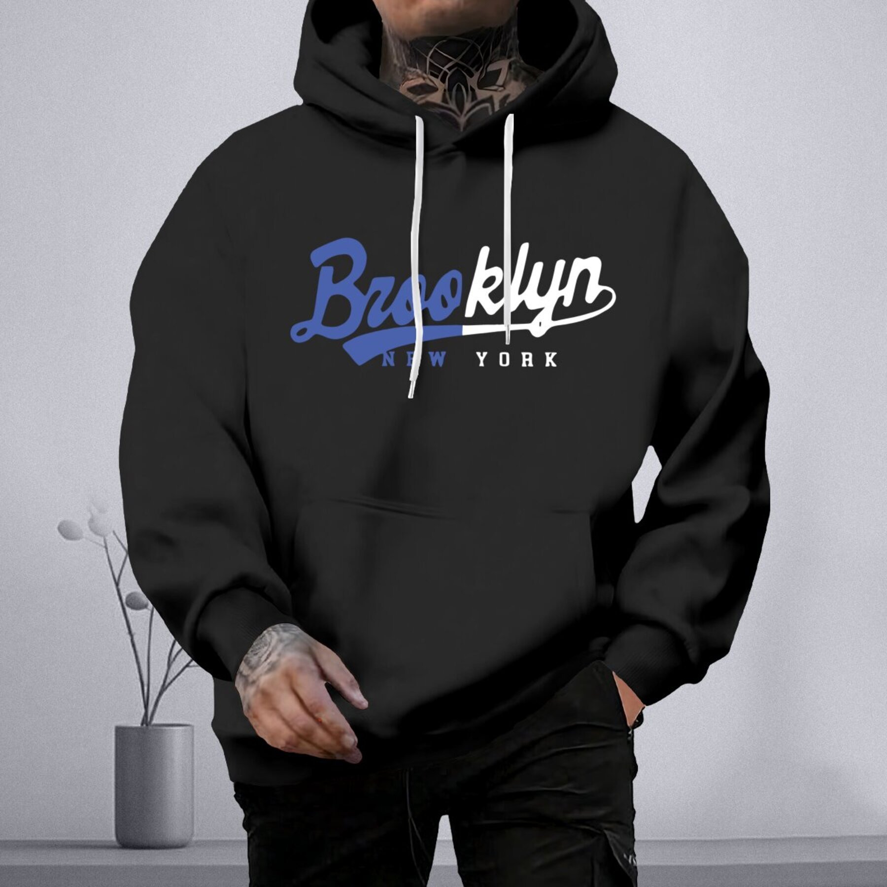 

Brooklyn Print Plus Size Men's Casual And Cozy Hoodie With Pocket, Trendy Long Sleeve Hooded Sweatshirt, Casual Versatile Top For Autumn Winter