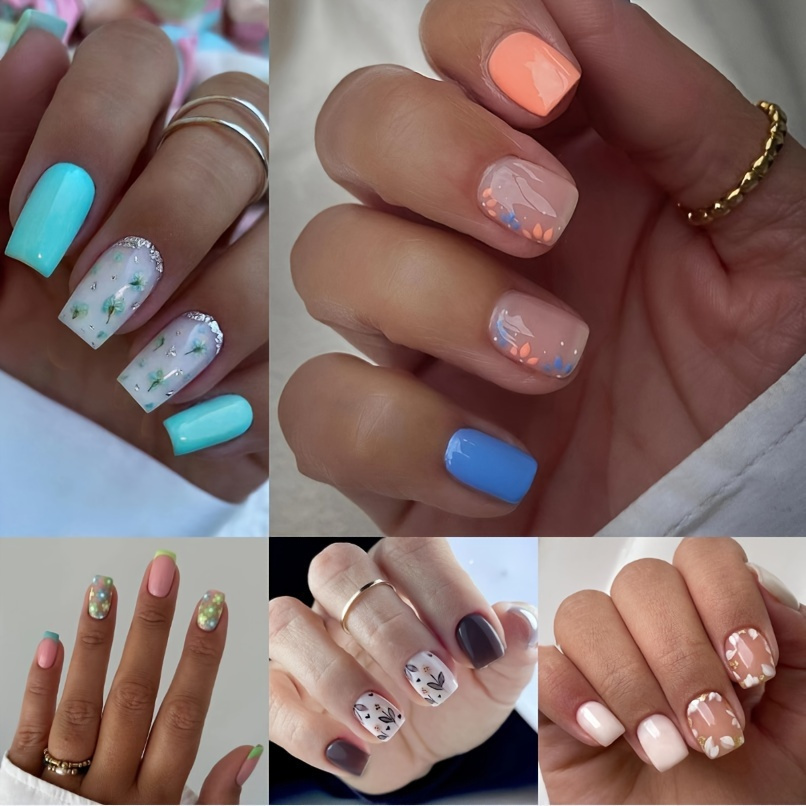 TEMU 120pcs French Tip Press On Nails Short Square Fake Nails With Flower Designs Acrylic Nails Nail Tip Stick On Nails Cute Spring Press On Nails Gloss Artificial Nails For Women Manicure Art (5pack)
