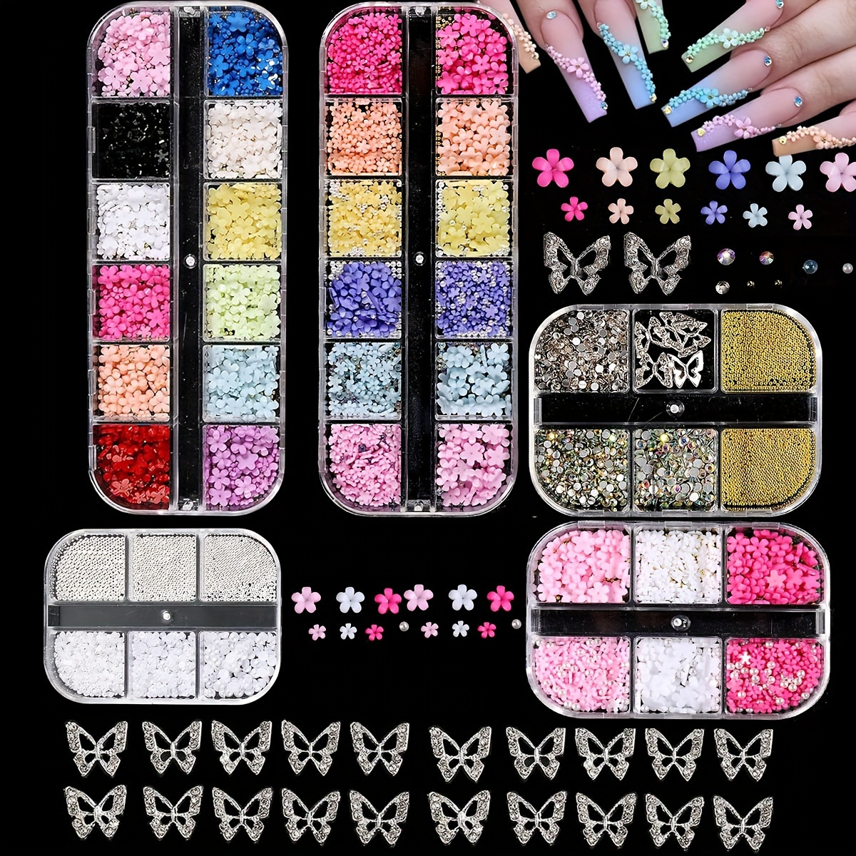 TEMU 42 Grids + 20pcs Butterflys 3d Flowers Nail Charms, 3d Pink Pastel Acrylic Flower For Nails, Golden Caviar Beads Nail Decorations Mixed