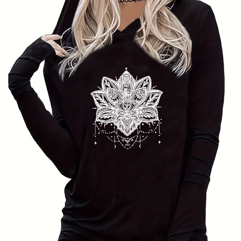 

Lotus Print Hooded T-shirt, Casual Long Sleeve Top For Spring & Fall, Women's Clothing