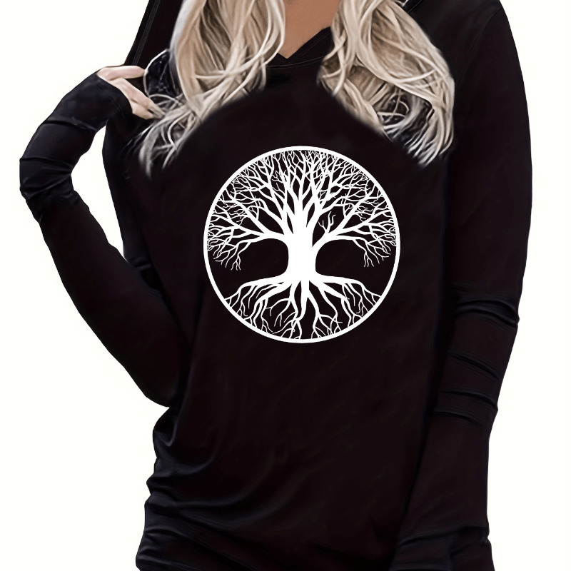 

Tree Print Hooded T-shirt, Casual Long Sleeve Top For Spring & Fall, Women's Clothing