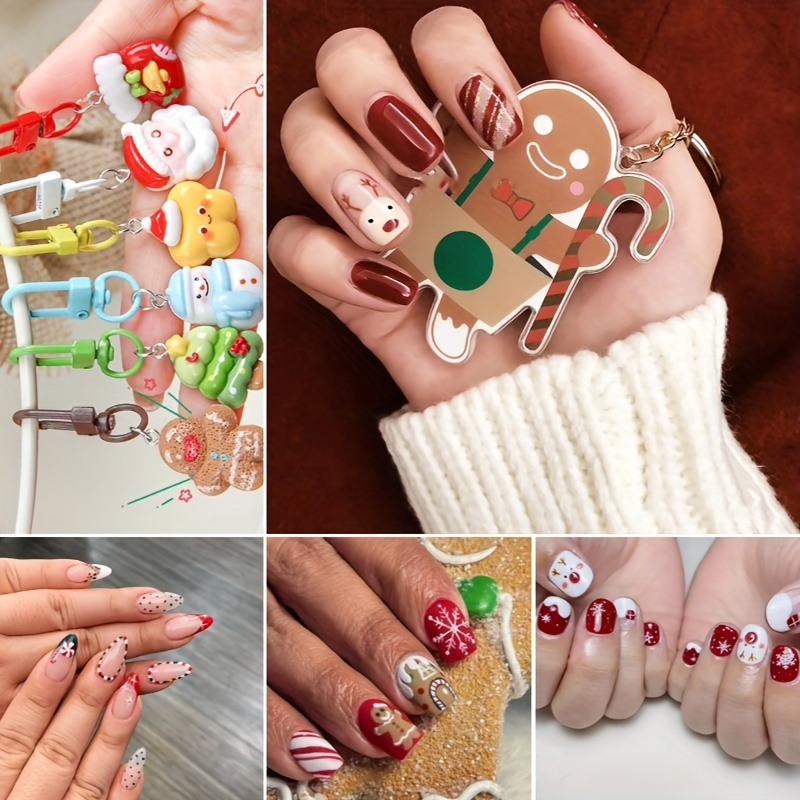 

96pcs Short Square Fake Nails Set + 6pcs Christmas Keychain - -on Gingerbread Man Sequin Design, Holiday , Oval Shape, Andmixed Color Tone For Women And Girls - Christmas Party Andfestive