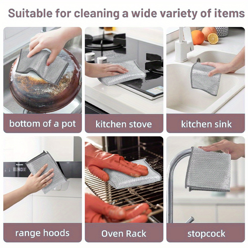   pack stainless steel double layer wire dishcloths non scratch non stick   multi use kitchen cleaning cloths for stove pots range hood versatile mesh scrubbers for dishes bathroom glass   living room furniture carpet no electricity needed details 4