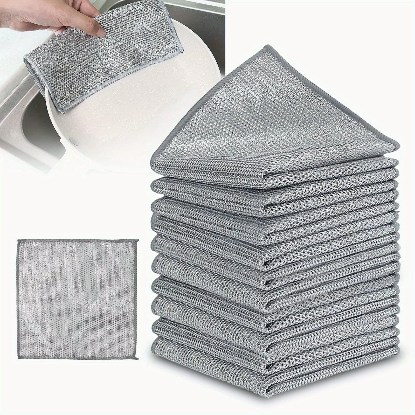   pack stainless steel double layer wire dishcloths non scratch non stick   multi use kitchen cleaning cloths for stove pots range hood versatile mesh scrubbers for dishes bathroom glass   living room furniture carpet no electricity needed details 5