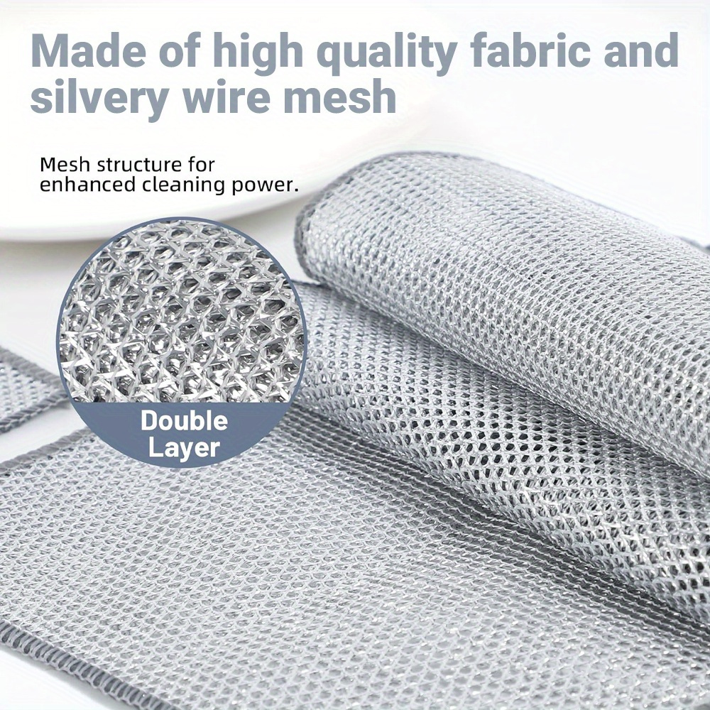   pack stainless steel double layer wire dishcloths non scratch non stick   multi use kitchen cleaning cloths for stove pots range hood versatile mesh scrubbers for dishes bathroom glass   living room furniture carpet no electricity needed details 6