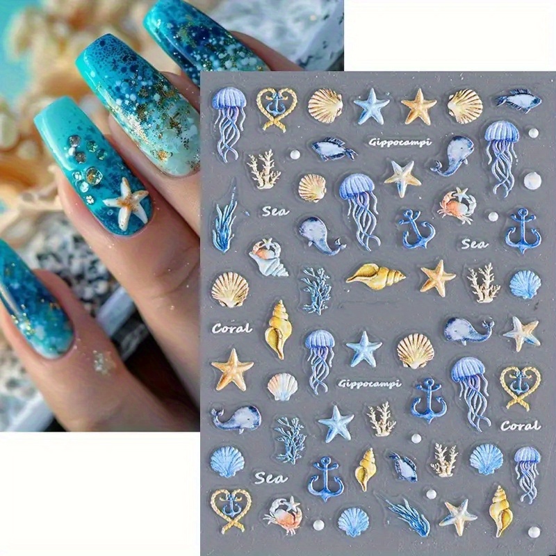 

Summer Glamour: -on Sea Life Nail Stickers - Perfect For Beachy Nails! - Self-adhesive, Shiny, Plastic, Animal Print, Fragrance-free, Reusable, Rectangular, Decorative, Nail Art Accessories