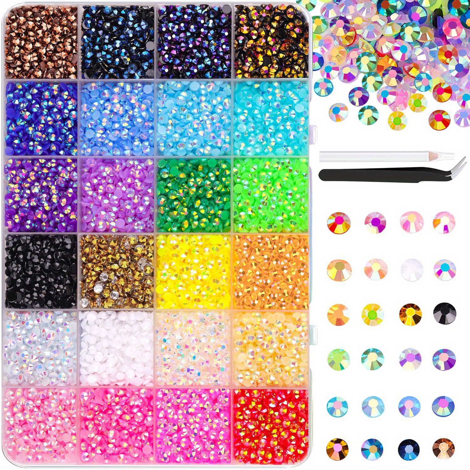 

12600pcs Kit de Strass en Résine à Dos Plat avec Pince à Épiler - Non Hotfix, Pierres Précieuses en Cristal pour Bricolage, Nail Art, Vêtements, Maquillage, Décoration de Tissus