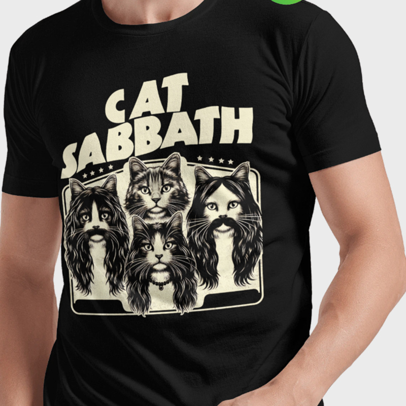 

Cotton, Men's Creative Top, Casual Short Sleeve Crew Neck T-shirt, Men's Clothing For Summer Outdoor, Funny, Suggest A Larger Size, Cat Sabbath