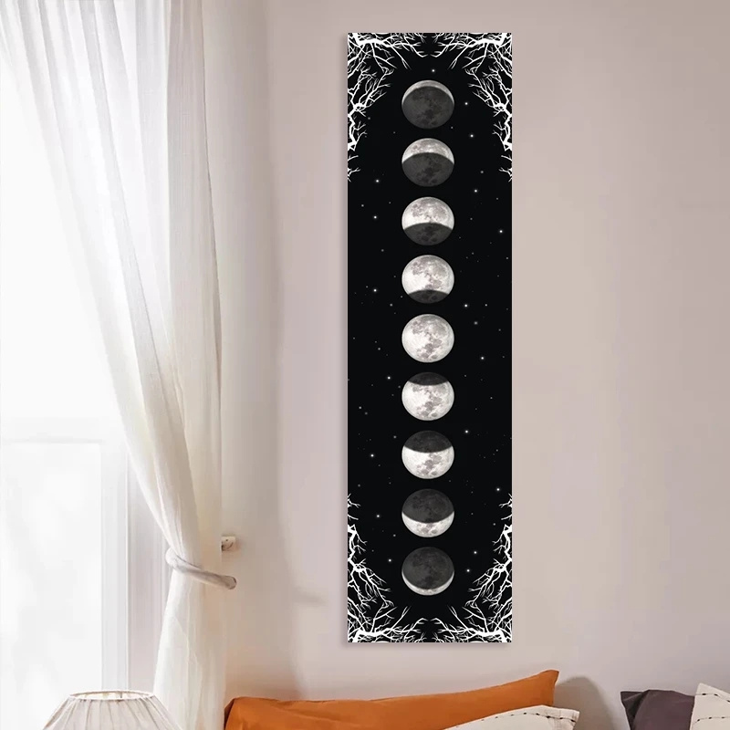 Moon Phase Tapestry Wall Hanging Black And White Celestial Mural_voghion.com