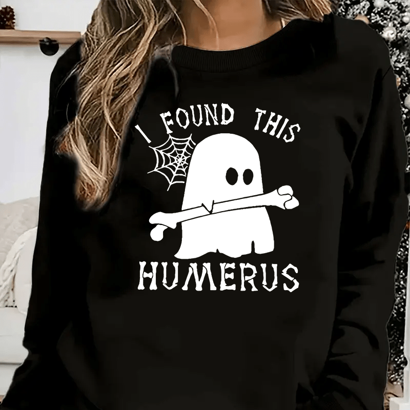 

Spooky Print Long Sleeve Sweatshirt - Women's Fashion, Fall/, Casual Style, Polyester Material, Round Neckline, Letter Pattern, Themed