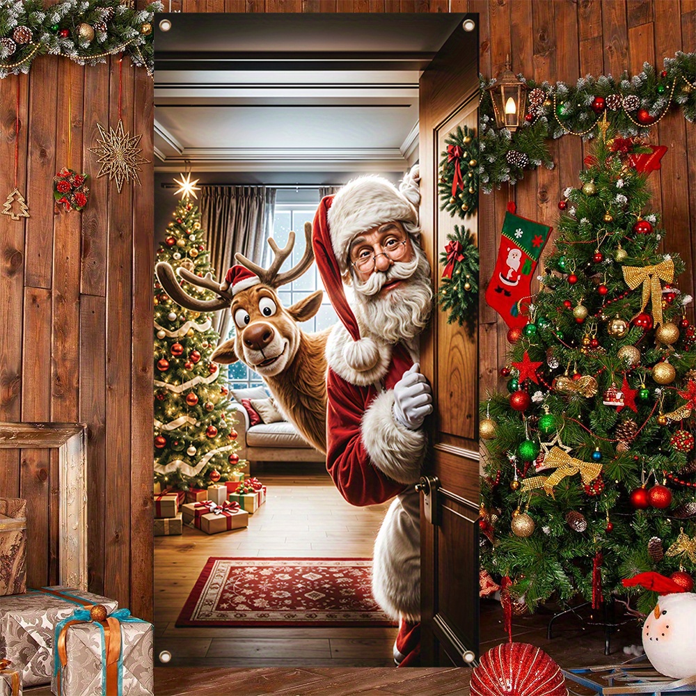 

1pc, Merry Christmas Porch Banner, Polyester, Gift Santa Claus Christmas New Year Party Hanging Sign For Indoor Outdoor Front Door Home Mural Decoration