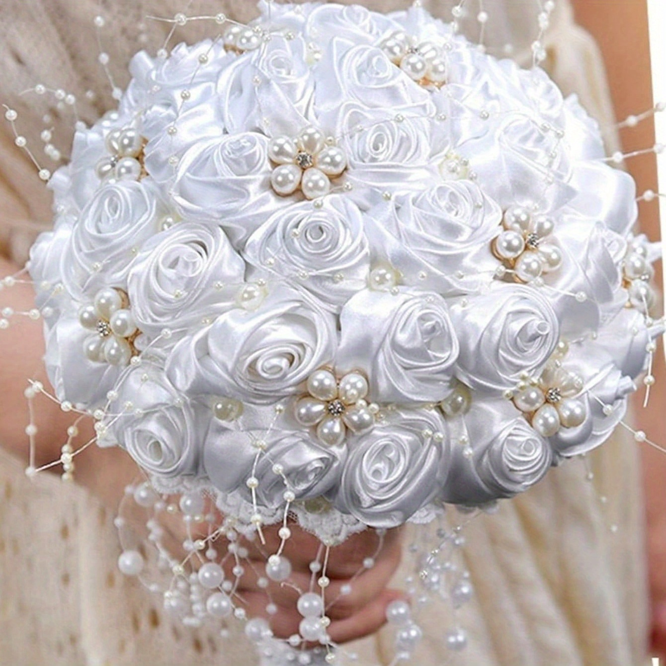 White Pearl Satin Rose Brooch 2024 Bouquet