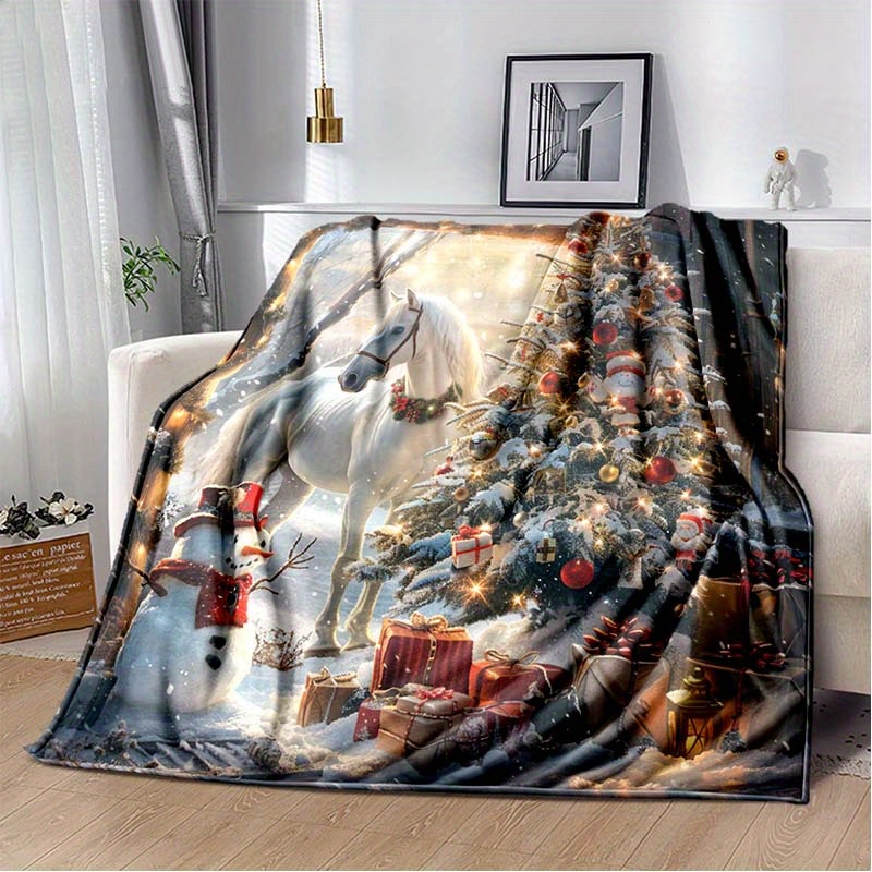 

1pc Large Polyester Blanket With Horse, Snowman, And Christmas Tree Print - Four-season Comfort For Sofa, Bed, Indoor Reading, Travel, And Pet Relaxation - Sku Exceeding 1.8m And 2.16m² Area