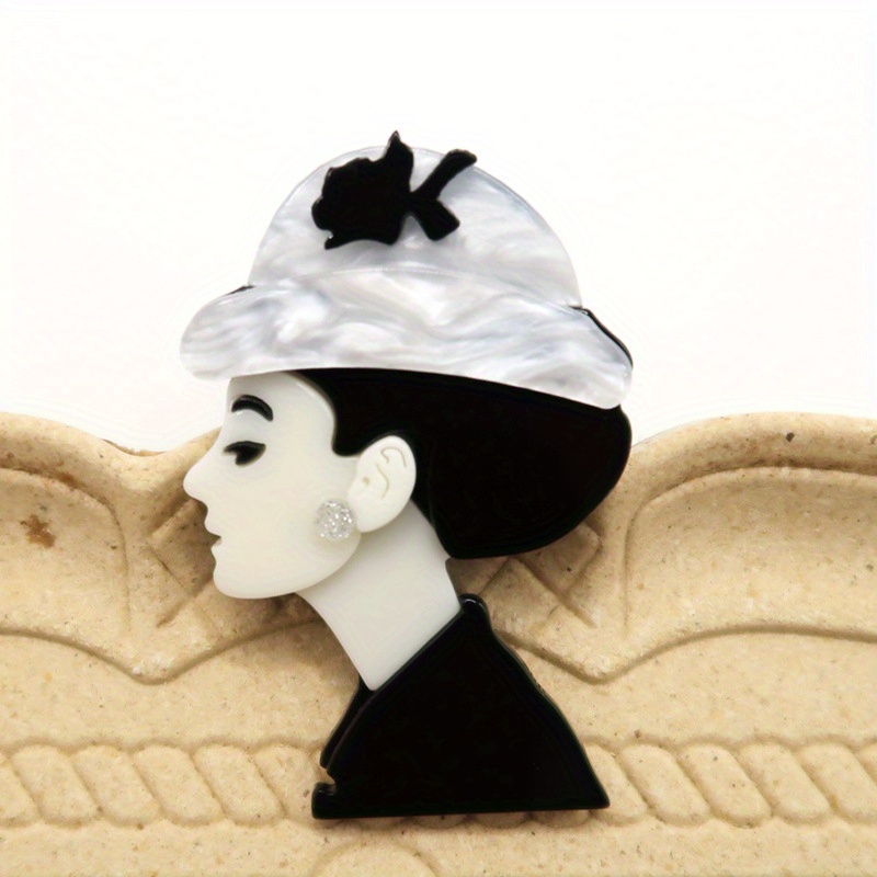 acrylic art deco brooch elegant ladys pin with a marbled hat and a black bow details 0