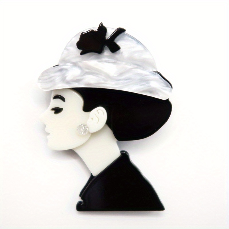 acrylic art deco brooch elegant ladys pin with a marbled hat and a black bow details 5