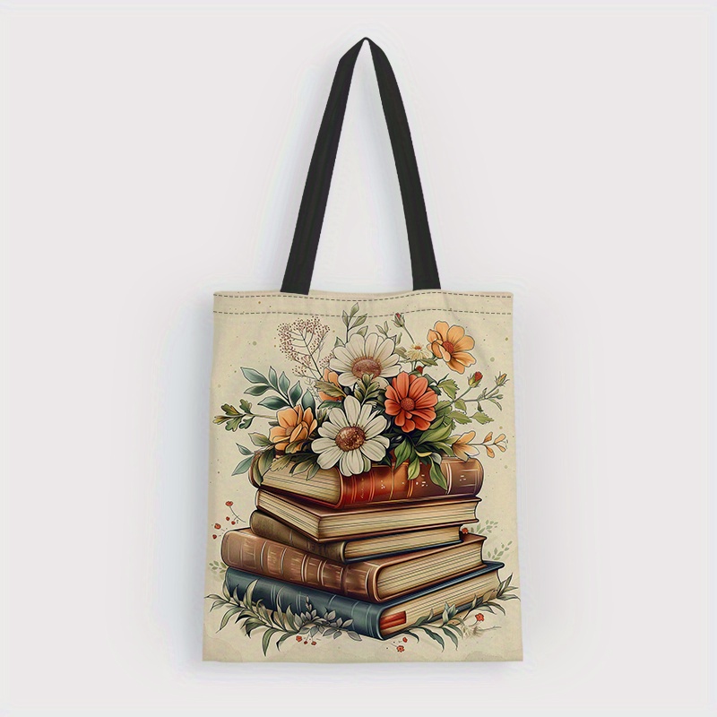 

Chic Floral Books Canvas Tote Bag - Lightweight, Shoulder Bag For School, Shopping & Gifts - Teachers & Friends